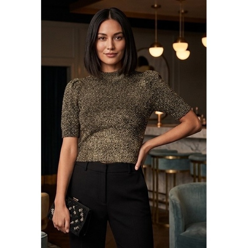 Kate Spade New York Metallic Gold Black Puff Sleeve Mock Neck Sweater Small